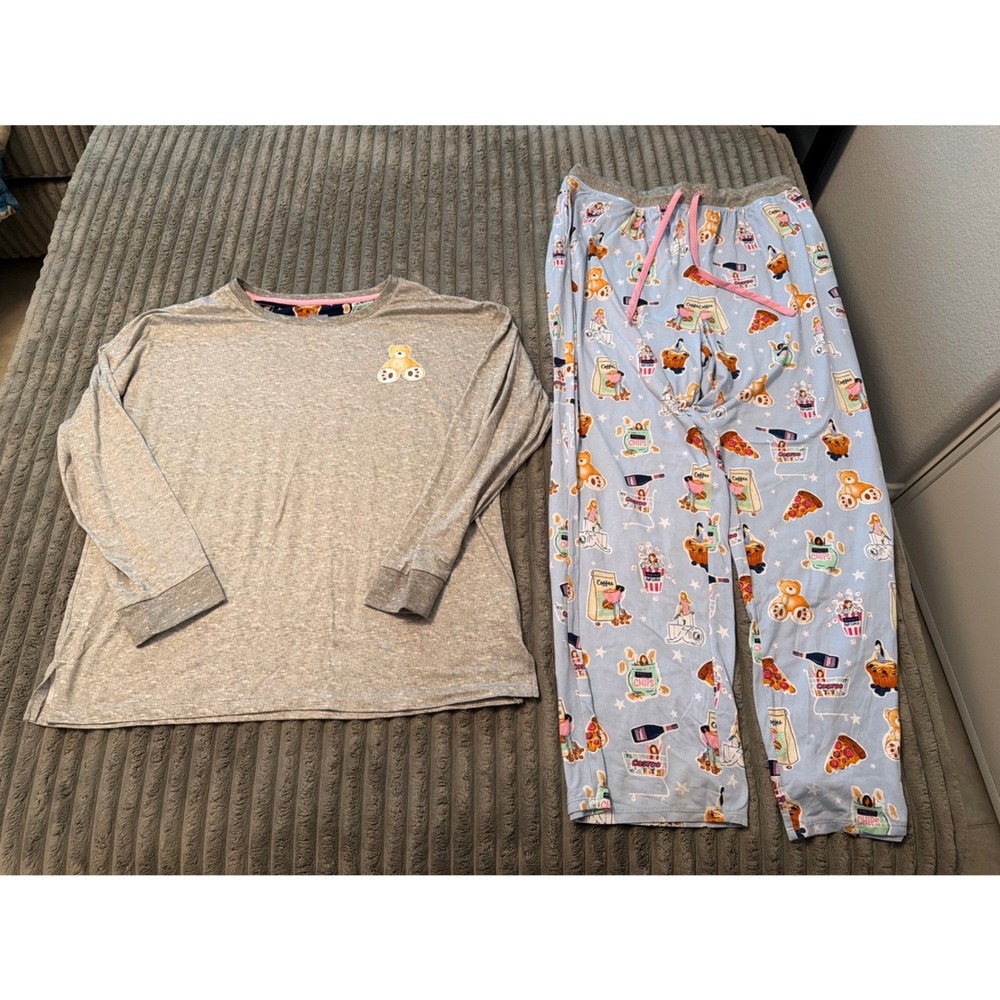 Jane and‎ Bleecker Womens Gray Teddy Bear Pizza Snack Pajama Set Size Large